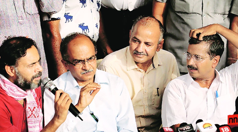 In better times: Yogendra Yadav, Prashant Bhushan, Manish Sisodia and Arvind Kejriwal at a press conference. (Source: Express Archive)