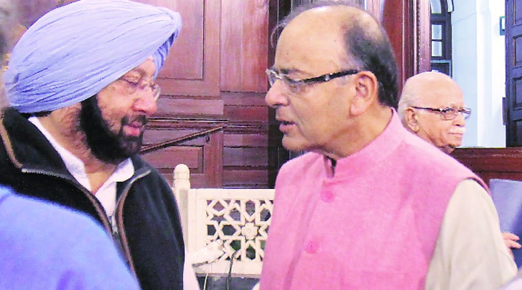 Newly appointed Punjab Congress chief Amarinder Singh with Union Finance Minister Arun Jaitley in Parliament on Friday. Anil Sharma