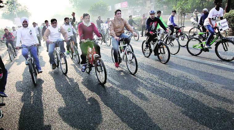 Chief Minister Arvind Kejriwal participates in the cycle rally at Dwarka on Sunday. Ravi Kanojia.