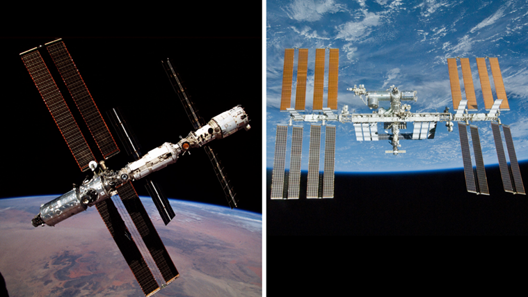 The International Space Station when it was under construction (left) to what it is now. Image: NASA