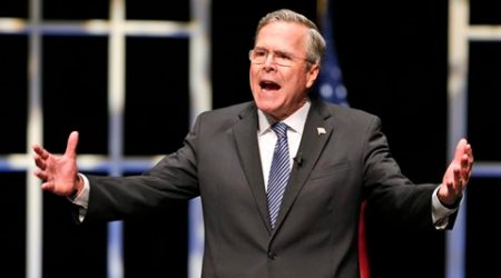 FILE - In this Oct. 23, 2015, file photo, Republican presidential candidate Jeb Bush speaks during a presidential candidate forum at Regent University in Virginia Beach, Va. Bush released Monday, Nov. 2, his long-planned e-book, Reply All, a selection of email exchanges with everyday Floridians, journalists and others during his two terms as Florida governor. (AP Photo/Steve Helber, File)