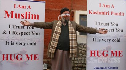 Kashmiri Pandit, Hug Campaign, Jammu and Kashmir, tolerance, Brotherhood, Interfaith Dialogue, Sandeep Mawa, Blindfolded Kashmiri Pandit, Kashmiri Pandit invites hugs, Promote Brotherhood, Kashmir News, Jammu News, Jammu and Kashmir news, Srinagar news