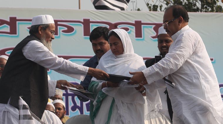 Siddiqullah Chowdhury ,CM Mamata Banerjee and Mayor Sovon Chatterjee during West Bengal State Jamiat-e-Ulama programme at Shahid Minar , Kolkata on November 26, 2015. Express photo by Partha Paul.