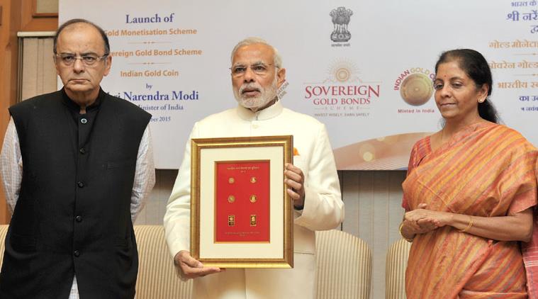 The Prime Minister, Shri Narendra Modi launches the Gold schemes, in New Delhi on November 05, 2015. The Union Minister for Finance, Corporate Affairs and Information & Broadcasting, Shri Arun Jaitley and Minister of State for Commerce & Industry (Independent Charge), Smt. Nirmala Sitharaman are also seen.