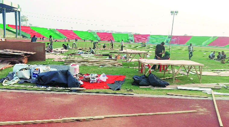 The atlectics stadium being readied for the function on November 21, at Saifai village in Etawah. (Source: Express photo)