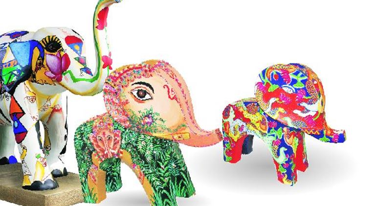 (From left) Elephants painted by Paresh Maity; Nayanaa Kanodia; Jayasri Burman