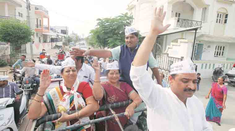 Pankaj Patel with two other Independent candidates of his panel. Eighty of the 85 candidates are Independents. (Express Photo by: Javed Raja)