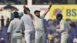 IndiaÕs captain Kohli celebrates after their win over South Africa on the third day of their third test cricket match in Nagpur no alt set