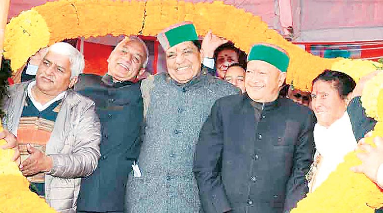 Himachal Chief Minister Virbhadra Singh (second from right) at Kandahgat in Solan district on Saturday. (Source: Express Photo)
