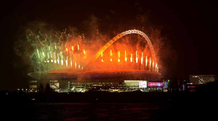 Fireworks lit up the Wembley stadium after Modi addressed the Indian diaspora.