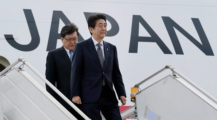 New Delhi: Japan's Prime Minister Shinzo Abe upon his arrival at AFS Palam in New Delhi on Friday. PTI Photo by Subhav Shukla (PTI12_11_2015_000160B)