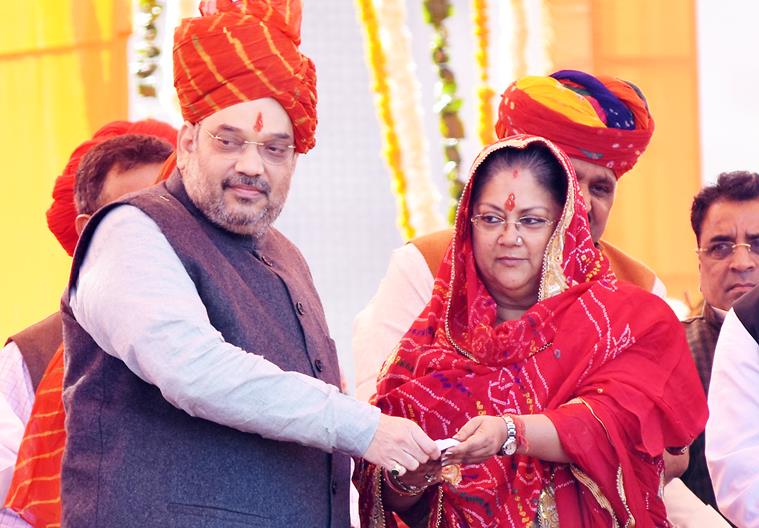 Rajasthan Chief Minister Vasundhara Raje with BJP National President Amit Shah during the celebrations of completion of two years of Vasundhara Raje government, in Jaipur on Sunday. Express photo by Rohit Jain Paras .13.12.2015