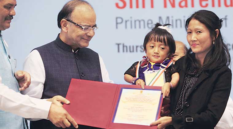 Katibenla, who suffers from 100 per cent locomotor disability, at the function in Delhi on Thursday. (Express Photo by: Amit Mehra)