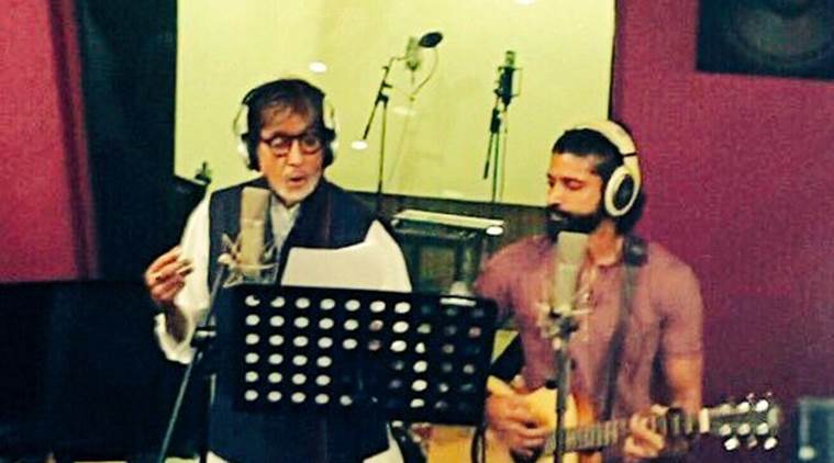 Amitabh Bachchan and Farhan Akhtar went behind the mic together to record a duet track 'Atrangi yaari' for 'Wazir'. (Source: Twitter)