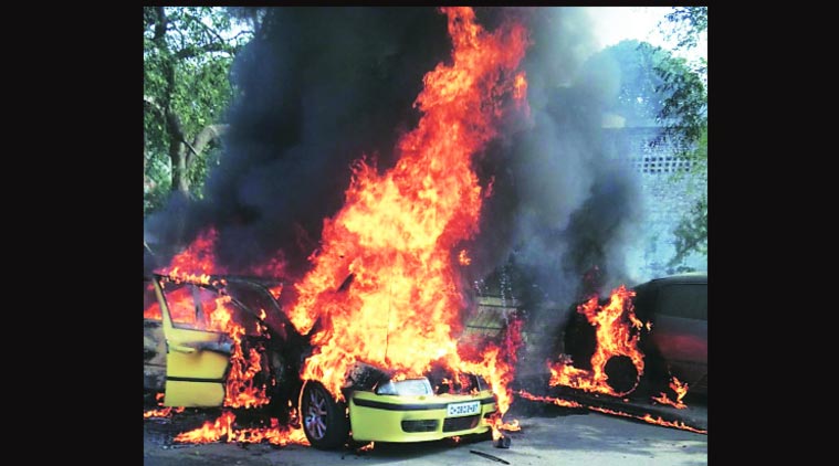 car accident, car fire, car catches fire, chandigarh accident, chandigarh news