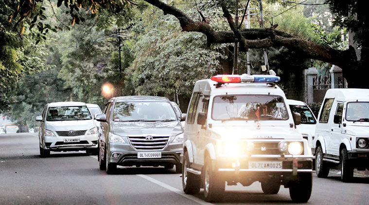 Chief Minister Arvind Kejriwal’s convoy in Delhi Thursday. (Express photo by Ravi Kanojia_