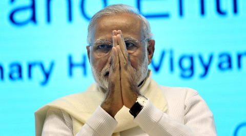 Prime Minister Narendra Modi at the inauguration of National Conference of SC/ST enterpreneurs.Minister of Social Justice & Empowerment at Vigyan bhawan in New Delhi on December 29th 2015. Express photo by Ravi Kanojia.