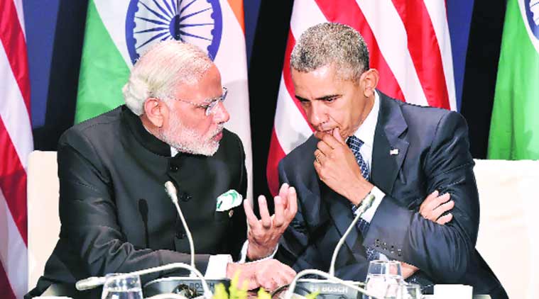 President Barack Obama with Prime Minister Narendra Modi at the UN Climate Change Conference, in Paris on Monday. (Source: AP)