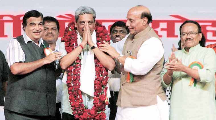 Defence Minister Manohar Parrikar with BJP leaders Nitin Gadkari, Rajnath Singh and Laxmikant Parsekar at a ceremony to felicitate him in Panaji on Sunday.  (Source: PTI)