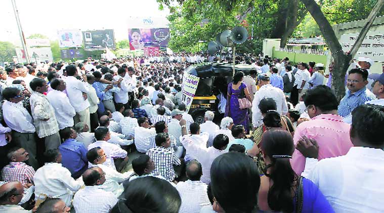 Teachers protest outside Balbharati office Monday. Pavan Khengre