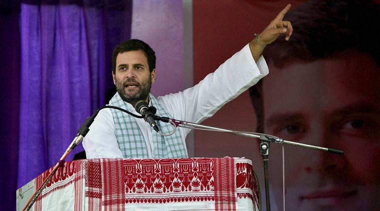 Congress Vice President Rahul Gandhi addressing a public meeting during his Sadbhabana Yatra in Barpeta district on Saturday. (PTI Photo)