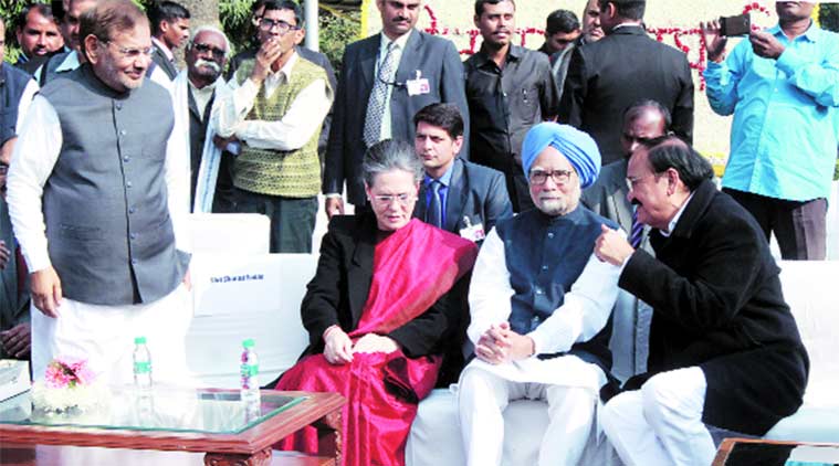 Sharad Yadav, Sonia Gandhi, Manmohan Singh and Venkaiah Naidu at the book release in New Delhi on Monday. (Express Photo by: Prem Nath Pandey)