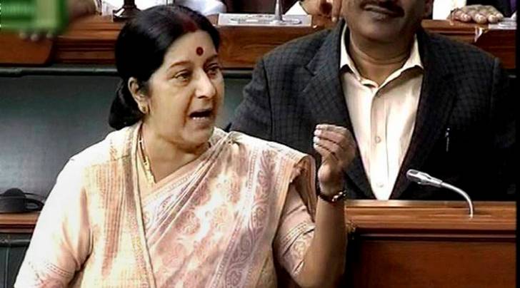 New Delhi: External Affairs Minister Sushma Swaraj speaks in the Lok Sabha in New Delhi on Monday. PTI Photo / TV GRAB (PTI12_14_2015_000064A)
