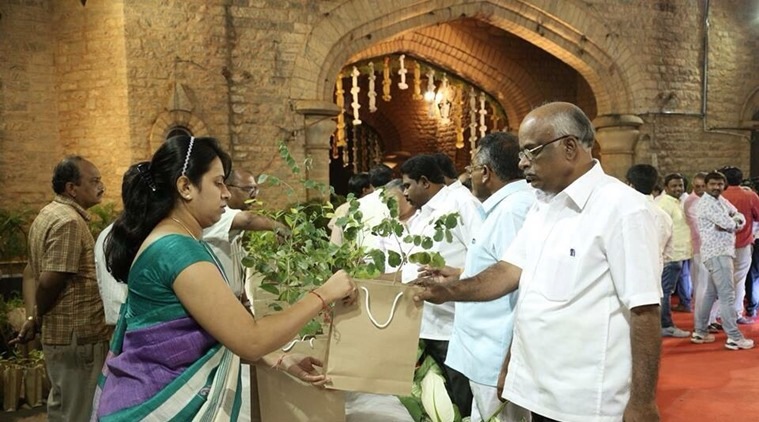 The ritualistic tamboola included neem, mango and sandal saplings as takeaways at Sowmya Reddy’s wedding.