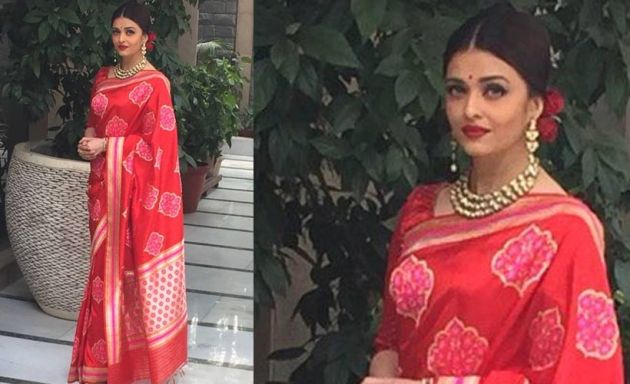 Aishwarya Rai Bachchan, Aishwarya Rai French Delhi, Aishwarya Rai red banarasi sari, Aishwarya France