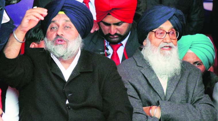 Parkash and Sukhbir Singh Badal at the SAD rally in Muktsar. Gurmeet Singh