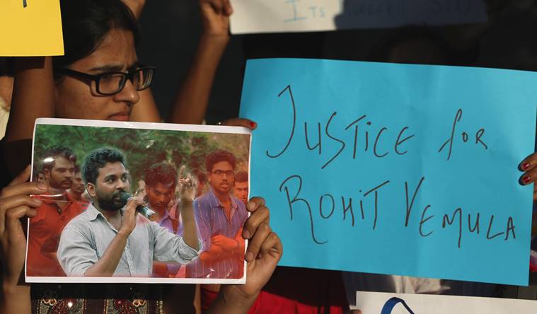 Activists of Vidyarthi Bharti stage a protest at Azad Maidan, Mumbai against the HRD Ministry over the suicide of PhD scholar Rohith Vemula. Express Photo by Prashant Nadkar