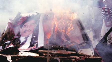 Dawood Ibrahim’s car, sold at an auction in December last year, burns 
in Ghaziabad. (Express Photo by Gajendra Yadav)