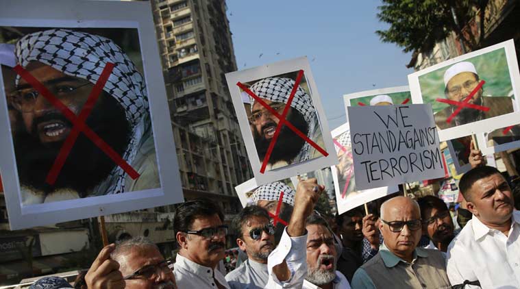 Protesters shout slogans against Masood Azhar and other JeM leaders. (File/Reuters)
