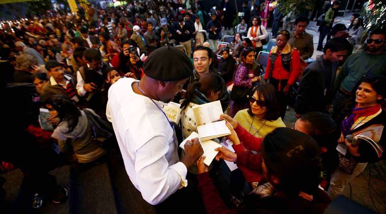 Ben Okri being mobbed by fans at the Jaipur Literature Festival on Saturday. Express photo by Oinam Anand. 21 January 2012