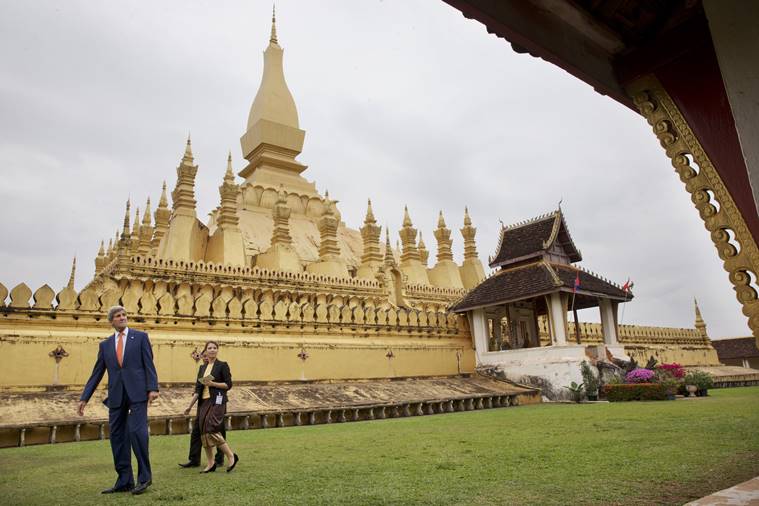 U.S. Secretary of State John Kerry, left, tours Pha Tha Luang in Vientiane, Laos, Monday, Jan. 25, 2016. The massive gold stupa is the most important national symbol in Laos. Kerry is in Laos on the third leg of his latest round-the-world diplomatic mission, which will also take him to Cambodia and China. (AP Photo/Jacquelyn Martin, Pool)