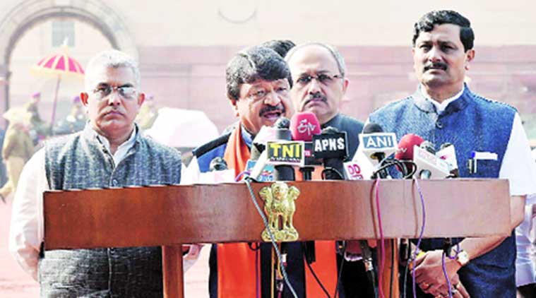 BJP leader Kailash Vijayvargiya speaks to mediapersons after meeting President Pranab Mukherjee in New Delhi on Saturday. PTI 