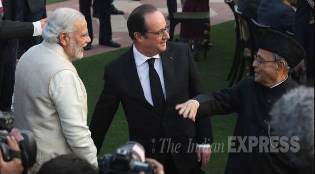 Pranab Mukherjee, Francois Hollande, Narendra Modi