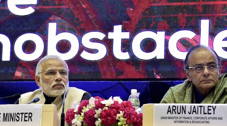 Prime Minister Narendra Modi with Finance Minister Arun Jaitley during the launch of "Startup India" action plan at Vigyan Bhawan in New Delhi on Saturday. (PTI Photo by Kamal Kishore)