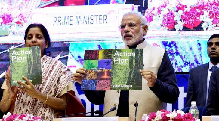Prime Minister Narendra Modi with Finance Minister Arun Jaitley and Commerce and Industry Minister Nirmala Sitharaman launching the "Startup India" action plan at Vigyan Bhawan in New Delhi on Saturday. (PTI photo)