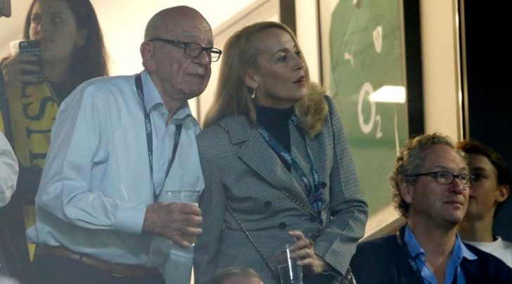 FILE - In this Nov. 1, 2015, file photo, media mogul Rupert Murdoch stands with model Jerry Hall during the Rugby World Cup final between New Zealand and Australia at Twickenham Stadium, London (AP Photo/Alastair Grant, File)