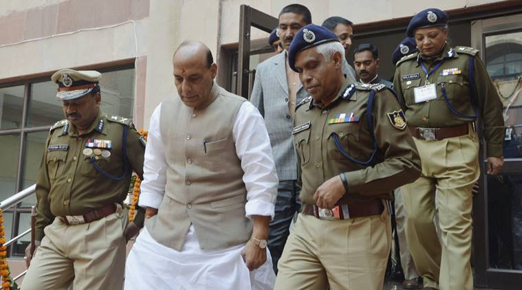 Gurgaon: Home Minister Rajnath Singh arrives to attend the National Conference for Women in Police, at CRPF's group centre Kadarpur near Gurgaon on Wednesday. PTI Photo (PTI1_6_2016_000123A)