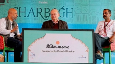Jaipur: Author Ruskin Bond with Ravi Singh and Vikas Singh at a session during the Jaipur Literature Festival 2016 in Jaipur on Thursday. PTI Photo(PTI1_21_2016_000104B)