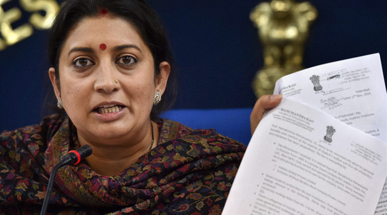 Union HRD Minister, Smriti Irani addressing a press conference regarding suicide of young research scholar Rohith Vemula in the University of Hyderabad, in New Delhi on Wednesday. (PTI Photo)