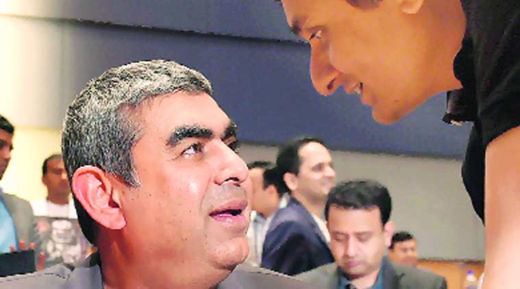 Infosys Chief Executive Officer Vishal Sikka (left), with CFO Ranganath D Mavinakere in Bengaluru on Thursday. (Source: PTI)