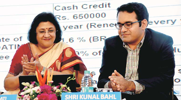SBI Chairman Arundhati Bhattacharya with Snapdeal CEO Kunal Bahl at the launch in Mumbai. (Express Photo by: Kevin DSouza)