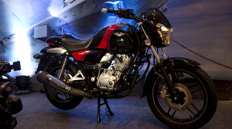 Bajaj Auto's new commuter motorcycle "V"  is seen on display during its unveiling ceremony in New Delhi, India, Monday, Feb. 1, 2016. The motorcycle will be available in the market from March, 2016, and will cost between Indian Rupees 60,000 (0) to 70,000 (50). (AP Photo)