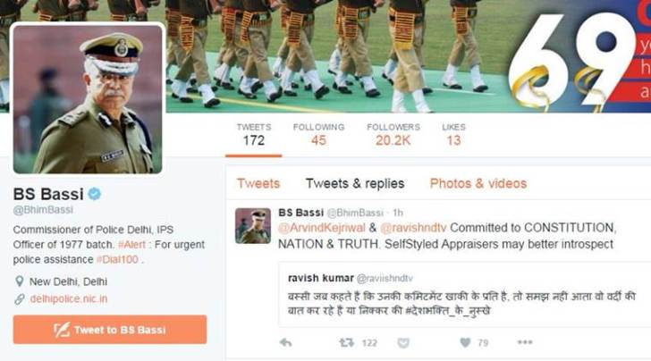 Bassi, BS Bassi, bassi twitter, Delhi police chief, delhi police, delhi police commissioner, JNU, JNU row, delhi police twitter, ravish kumar, arvind kejriwal