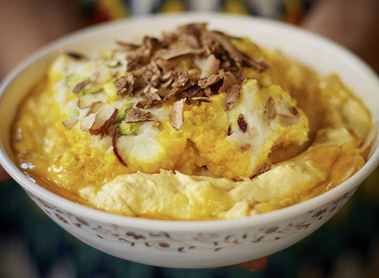 bohri2_759_Mango Malai Halwa with khajla & mango Cream at at The Mighty Bohri Thaal