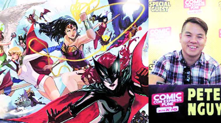 Illustrations of DC comics characters by Peter Nguyen (above), Nguyen at the Pune Comc Con (right). Express Photo