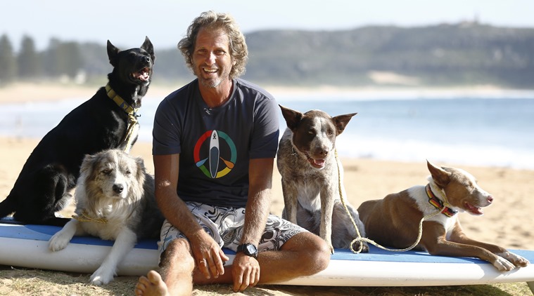 Australian dog trainer and former surfing champion Chris de Aboitiz sits with his four dogs (L-R) Max, Murph, Millie and Rama before riding the surf at Sydney's Palm Beach. (Photo: Reuters)